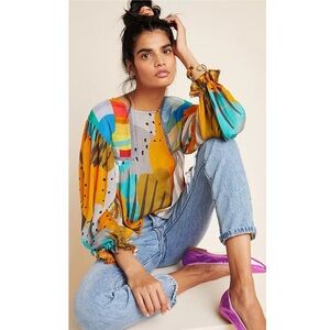 Anthropologie Bl-nk London Miranda Peasant Blouse Abstract Print Boho Top L